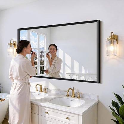 Black Bathroom Mirror 60 x 40 Inch Rectangle Wave Beveled Frame for Wall Bathroom Vanity Mirror for Over Sink, Tempered Glass,for Entryway Hangs, Bathroom Living Room Horizontal or Vertical