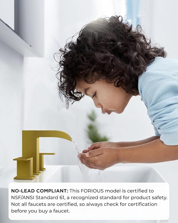 FORIOUS Waterfall Bathroom Faucet 3 Hole Vanity Sink 2 Pack Brushed Gold | 8 Inch Widespread Bathroom Sink Faucet with Pop-up Drain, Lead-Free, Two Handles, for RV Vanity Lavatory Farmhouse Basin