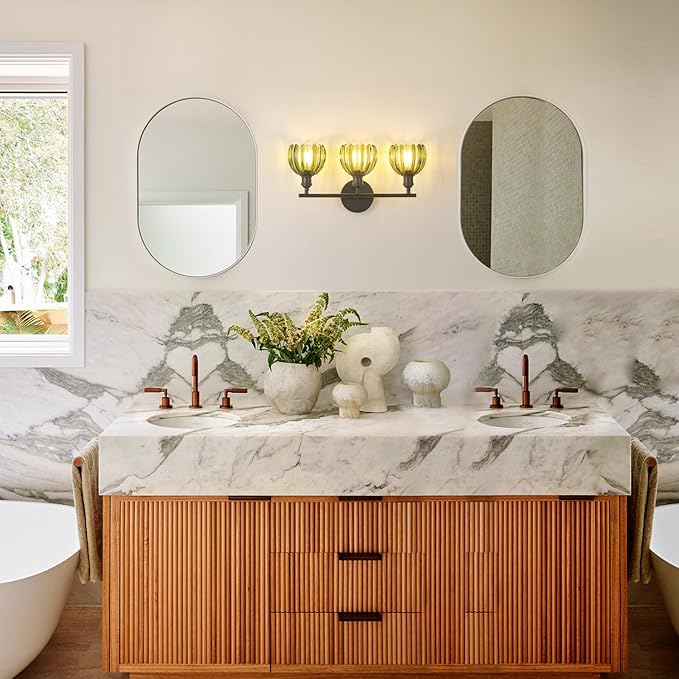 Bathroom Light Fixtures, 3-Light Black Vanity wall Light Over Mirror with Green Tulip Glass Shade for Bedroom Living Room (Bulb Not Included)