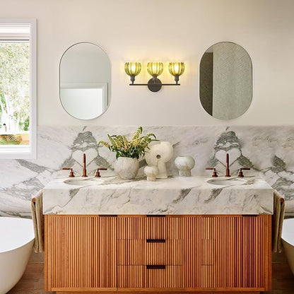 Bathroom Light Fixtures, 3-Light Black Vanity wall Light Over Mirror with Green Tulip Glass Shade for Bedroom Living Room (Bulb Not Included)