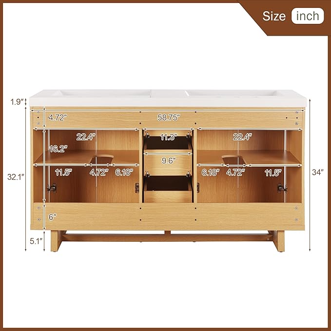 Merax Bathroom Vanity with Sink - 60 Inch Bathroom Vanity Double Sink, Freestanding Cabinet with 4 Doors & 3 Drawers, Space-Saving Storage Cabinet, Handle-Free Design,Nature Wood