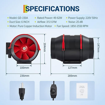 GarveeLife 6 Inch Inline Duct Fan, 312 CFM Ventilation Exhaust Fan with Variable Speed Controller, Quiet AC-Motor Inline Fan for Cooling Booster, Grow Tents, Hydroponics, Black