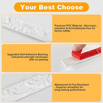 3 Pack 16.4FT White Peel and Stick Crown Molding Trim Kit – Decorative Mirror Border, Flexible Adhesive Trim for Doors, Cabinets & Mirrors