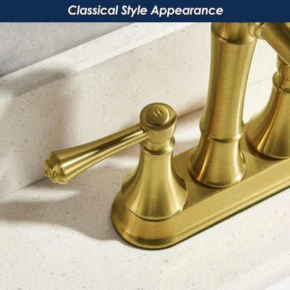 Brushed Gold 4 Inch Centerset Bathroom Faucets for 2/3 Holes Sink | Includes Plastic Pop-Up Drain & Two 23.6" Supply Lines, Classic 4" Center Set Lavatory & Bath Vanity Sink Faucet, Brass Spout
