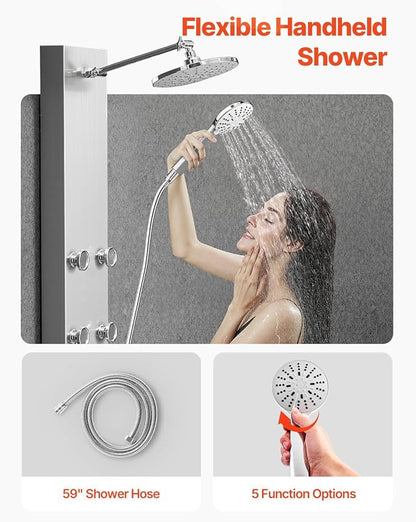 VEVOR Shower Panel Tower System with Rainfall Shower Head, 49 in Brushed Stainless Steel Shower Column, 3-Function Faucet, High Pressure Wall-Mount Rain Massage System with 6 Body Jets and Handheld