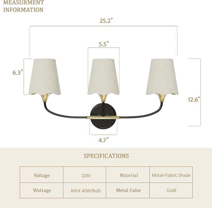 Morauroral Bathroom Light Fixtures Over Mirror, 3 Light Vanity Light for Bathroom, Black Gold Vanity Light Fixtures with Fabric Linen Shade, E26 Socket Sconce Wall Decor(ETL Listed)