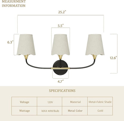 Morauroral Bathroom Light Fixtures Over Mirror, 3 Light Vanity Light for Bathroom, Black Gold Vanity Light Fixtures with Fabric Linen Shade, E26 Socket Sconce Wall Decor(ETL Listed)