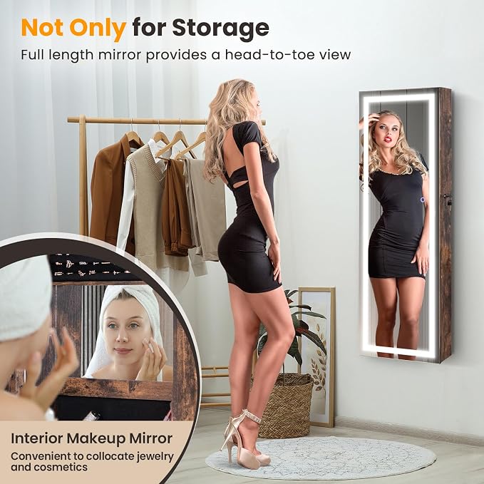 GOFLAME LED Mirror Jewelry Cabinet 47”, Wall/Door Mounted Full Length Mirror with Storage, 3-Color Lights, Interior Makeup Mirror, Jewelry Storage Organizer, Lockable Jewelry Armoire, Rustic Brown
