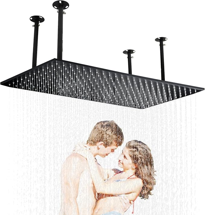 Luxury Large Ceiling Rectangle Rainfall Shower Head, 16x32inch High Pressure Rain Showerhead with Silicone Nozzles Full Body Fixed Showerheads For Modern Bathroom, Black Finish