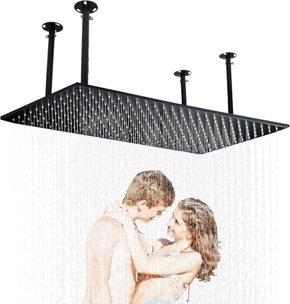 Luxury Large Ceiling Rectangle Rainfall Shower Head, 16x32inch High Pressure Rain Showerhead with Silicone Nozzles Full Body Fixed Showerheads For Modern Bathroom, Black Finish