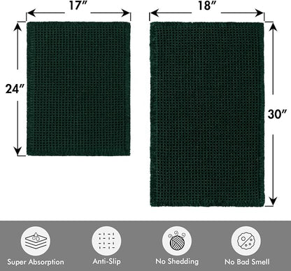 MIULEE Set of 2 Waffle Bathroom Rugs Dark Green Bath Mat 17"x24"+18"x30" | Non Slip, Super Absorbent, Washable, Ultra Soft, Rubber Backed, Small Boho Bath Rugs for Bathroom Floor Tub Shower