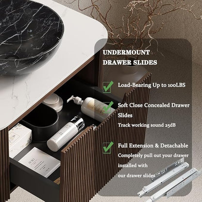48'' Bathroom Vanities Cabinet with Sink Combo, Wall Mounted Floating Cabinet W/Curved Edges Stripes, Oak Plywood, Soft-Close System with 2 Drawer & Black Bowl Ceramic Basin - Kiel, Dark Walnut/R
