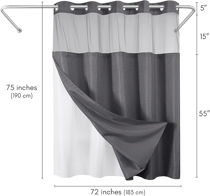 Americanflat 72x75 Hookless Waffle Pattern Shower Curtain - Water-Resistant Long Shower Curtain with Sheer Panel, Snap-in Liner, and Durable Grommets - 100% Polyester - Dark Grey