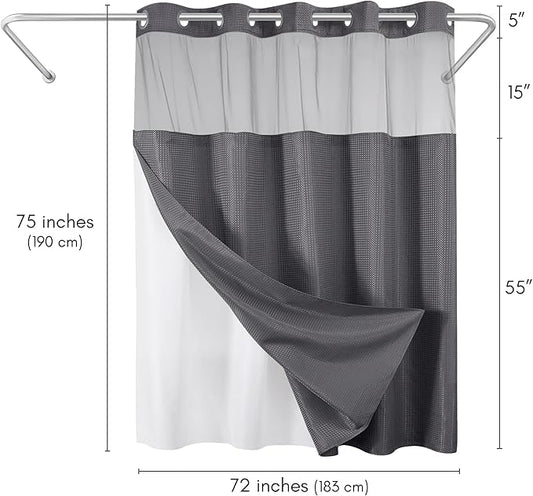 Americanflat 72x75 Hookless Waffle Pattern Shower Curtain - Water-Resistant Long Shower Curtain with Sheer Panel, Snap-in Liner, and Durable Grommets - 100% Polyester - Dark Grey