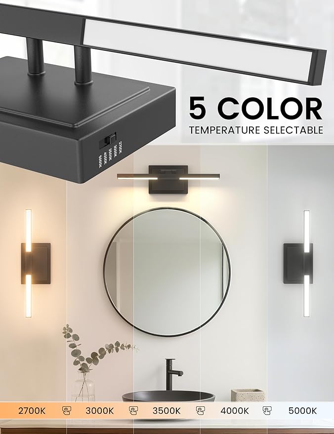 NIORSUN 15.7 Inch Modern Bathroom Light Fixture, 20W 5CCT Dimmable LED Black Bathroom Vanity Lights Over Mirror, Vanity Lights for Bathrooms Restroom Mirror- ETL Certified