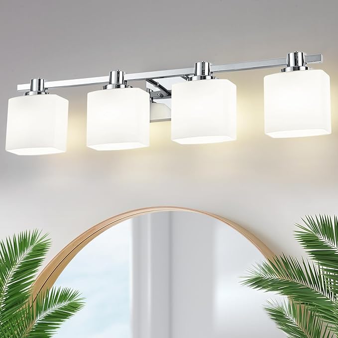 32 Inch Chrome Bathroom Light Fixtures Over Mirror 4 Light Bathroom Vanity Light Silver Modern Industrial Makeup Lighting Wall Sconce Shower Farmhouse Rustic Milk Glass Lamp Above Desk Sink