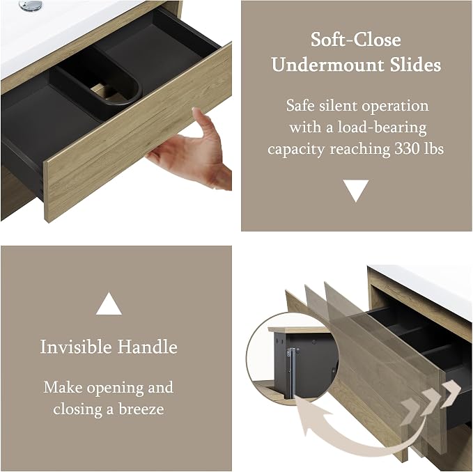Floating Bathroom Vanity with Sink, 36" Wall-Mounted Bathroom Vanity | Resin Top Basin and Soft Close Drawers, No Assembly Required, Natural Oak