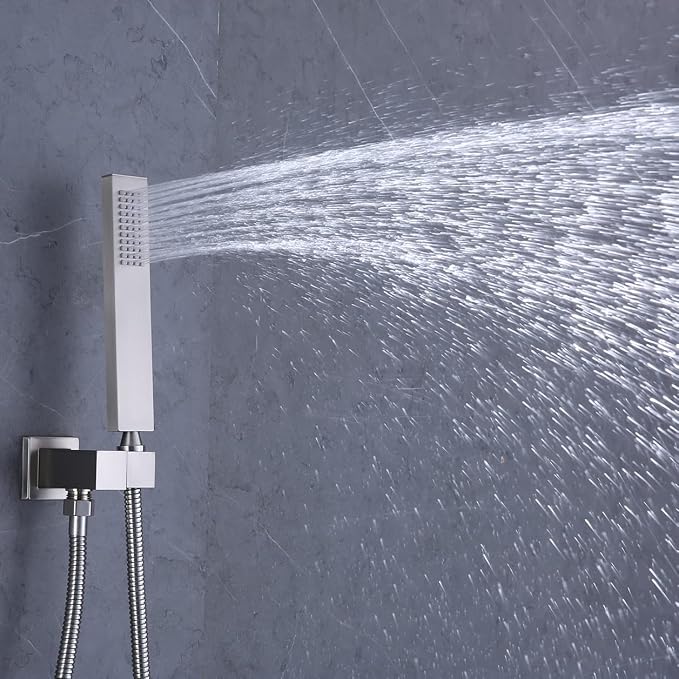 Brushed Nickel Thermostatic Shower System Full Body Rain Shower System AYIVG Temperature Display Shower Faucets Sets 12 Inch LED Rain Ceiling Shower System With 6PCS Body Spray Can Run Together