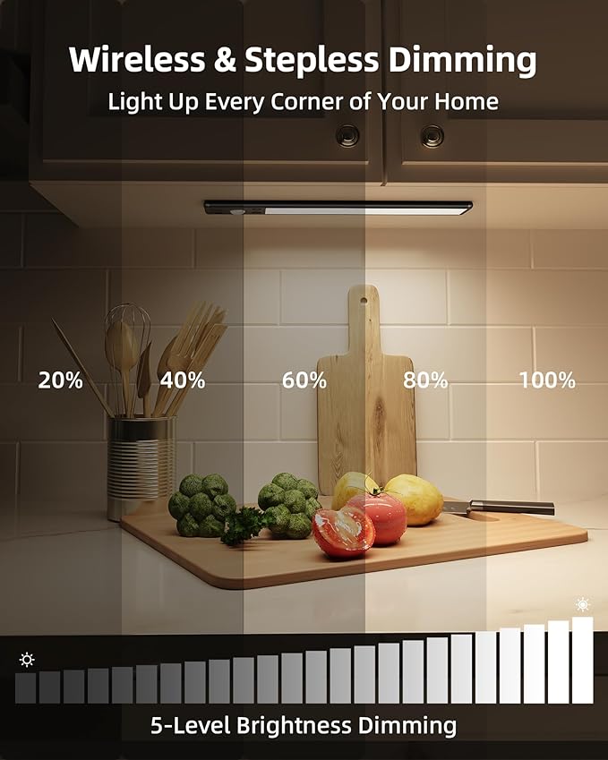 EZVALO Under Cabinet Lighting, 3500mAh Rechargeable Motion Sensor Light Indoor, 3 Color Temps, 5-Level Dimmable Magnetic Wireless Closet Lights for Kitchen, Stairs (Black, 2 Pack)