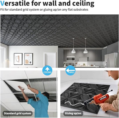 Art3d Decorative PVC Black Drop Ceiling Tile 2ft x 2ft, Glue up 3D Wall Panel 24 x 24in.12pcs | Waterproof, Break-Proof, Wipeable Surface, Scratch Resistant, Compatible with Grid System, Ideal for Commercial Spaces