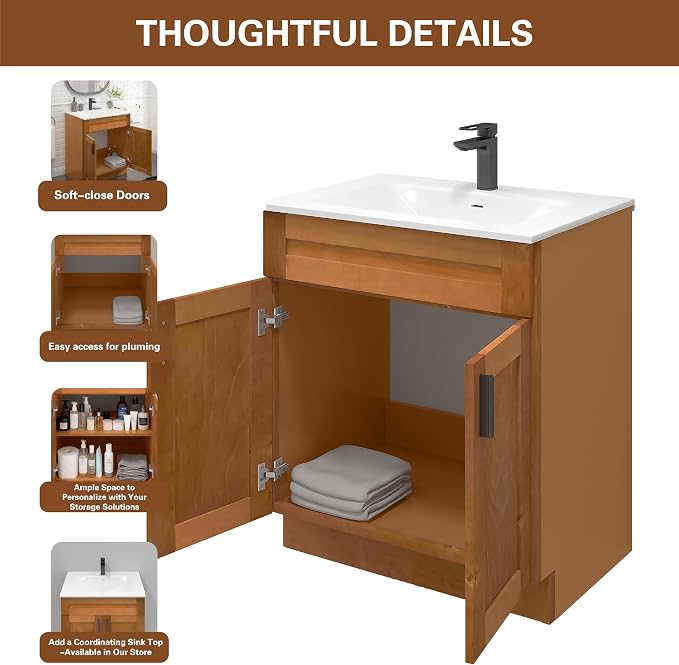 30" Maple Shaker Bathroom Vanity Base – Ready-to-Assemble Sink Cabinet, Freestanding Bathroom Vanity Base Only, No Top or Sink