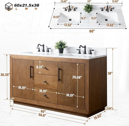 Vanity Art 60 inch Double Sink Bathroom Vanity, Vanity Cabinet with Doors and Shelf, Modern Wood Bathroom Vanity with White Marble Top, Solid Wood Frame, 3 Functioning Drawers, VA7060DE