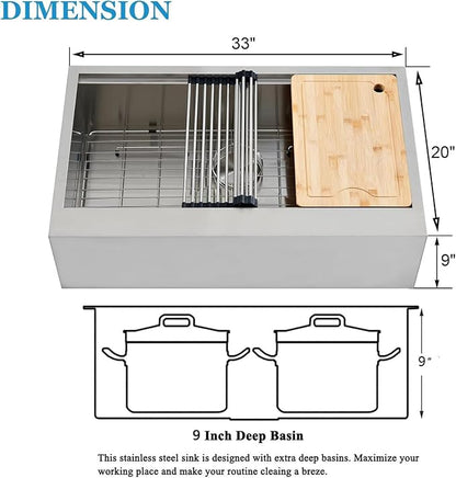 33 Inch Stainless Steel Farmhouse Sink, 33x20 Single Bowl Ledge Workstation Flat Apron Front Farm Kitchen Sink with Cutting Board, Brushed Nickel