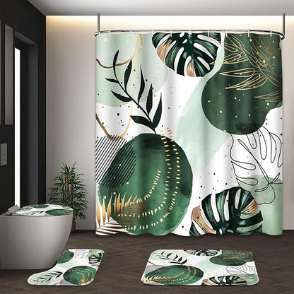 Bathroom Sets with Shower Curtain and Rugs, 4 Pcs, Boho Sage Green | Abstract Mid Century Plant Bathroom Decor Set with Toilet Lid Cover, Non-Slip Bath Mats and Accessories 12 Hooks
