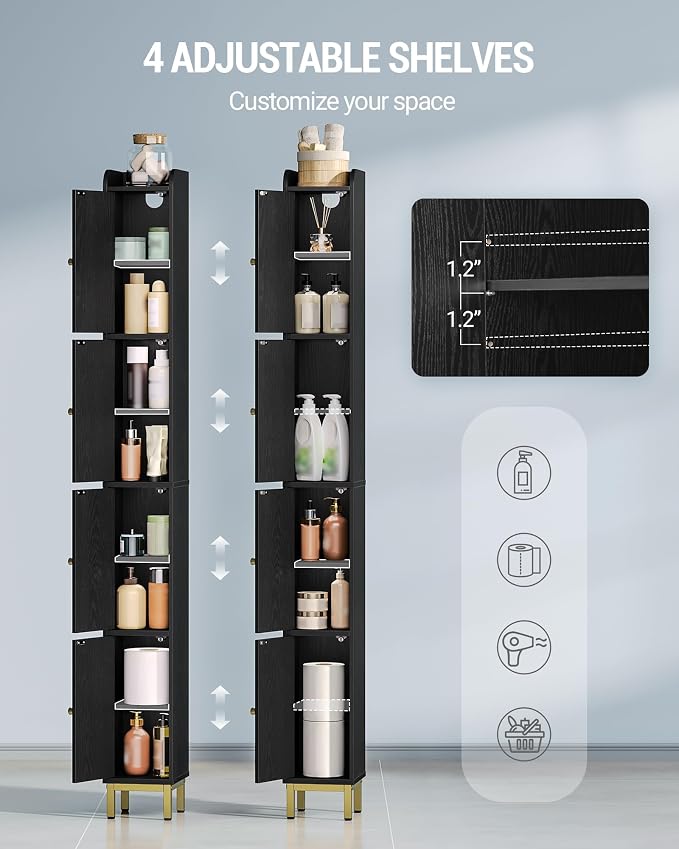 Hzuaneri 4-Tier Narrow Tall Storage Cabinet | Slim Bathroom Storage Cabinet with 4 Adjustable Feet and Shelves, for Living Room, Laundry Room, Black, 7.9"Dx7.9"Wx70.9"H