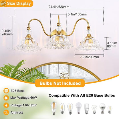 Modern Bathroom Vanity Light Fixtures 3 Lights Brushed Gold Vanity Lights for Bathroom with Floral Crystal Glass Shade Modern Wall Lighting Fixtures Over Mirror(Exclude E26 Bulb)