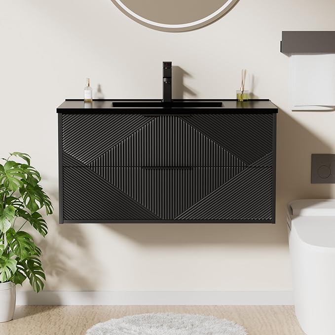 LUCKWIND 36" Floating Bathroom Vanity with Black Sink, Wall Mounted Floating Cabinet with 2 Large Soft-Close Drawers & Water Saving Faucet, Geometric Textured Design in Black