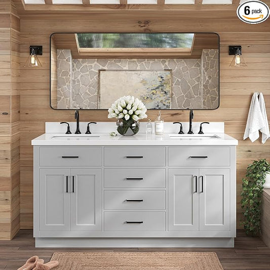 ARIEL Hepburn 66-inch Bathroom Vanity with Sink,Solid Wood, 1.5-inch Pure White Quartz Countertop & Backsplash, Double Rectangular Porcelain Sink, 4 Soft Closing Doors, 6 Dovetail Drawers, Grey