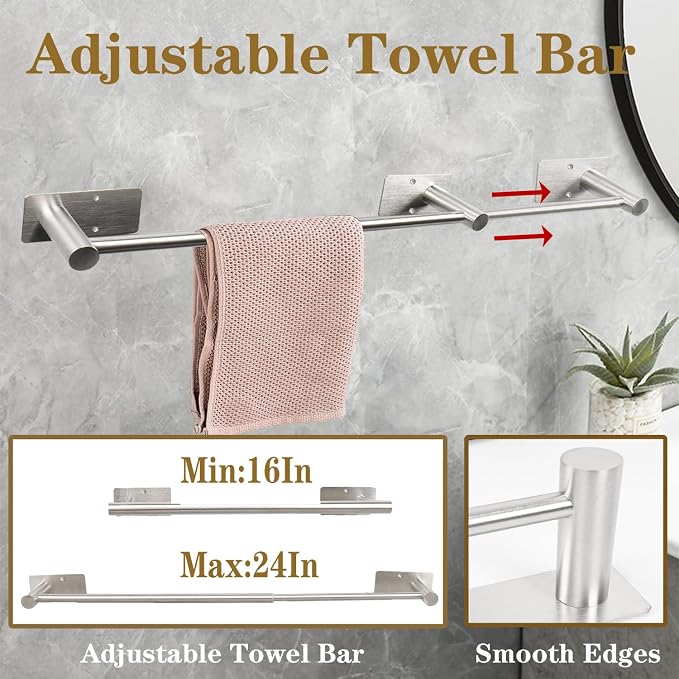 5 Pcs Self Adhesive Bathroom Hardware Set, Stainless Steel Towel Rack Set Include Adjustable 24In Bath Towel Bar+Toilet Paper Holder+3 Towel/Robe Hooks Bathroom Accessory Kit(Brushed Nickel)