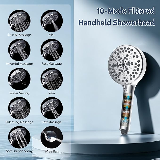 Hibbent 10'' Filtered Shower Head & Filtered 10-Mode Handheld Combo, Chrome | All Metal Stainless Steel Rain Showerhead, 4-way Diverter, Heightened All Metal Extension Arm, 71'' Hose & Holder, Easy Reach