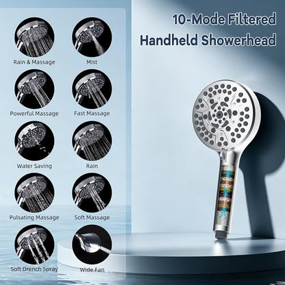 Hibbent 10'' Filtered Shower Head & Filtered 10-Mode Handheld Combo, Chrome | All Metal Stainless Steel Rain Showerhead, 4-way Diverter, Heightened All Metal Extension Arm, 71'' Hose & Holder, Easy Reach