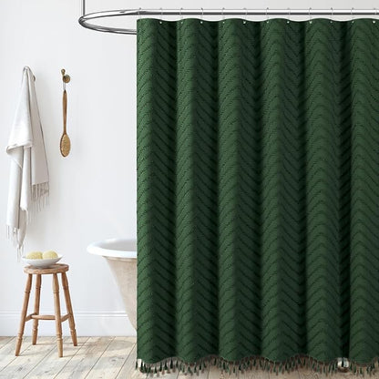 Long Boho Farmhouse Shower Curtain Tufted Chevron 72x78 Dark Green | 78 Inch Tall, Elegant Tassel, Lightweight Textured Fabric, Water Repellent, Washable, Hotel Spa, for Bathroom/Dorm 12 Hooks