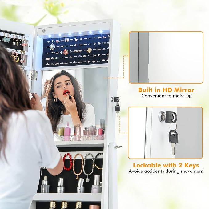 CHARMAID Jewelry Armoire Cabinet with Full Length Mirror, 6 LEDs Standing Lockable Jewelry Organizer with Vanity Makeup Mirror, 4 Storage Drawers, 4 Shelves, Lipstick Tray, 4 Angles (White)