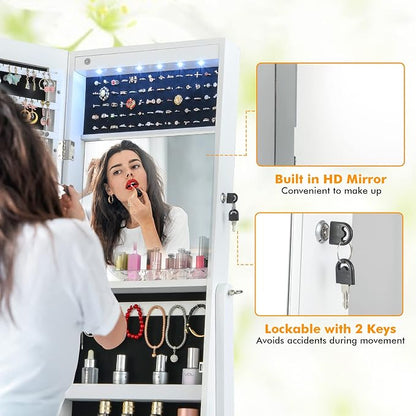 CHARMAID Jewelry Armoire Cabinet with Full Length Mirror, 6 LEDs Standing Lockable Jewelry Organizer with Vanity Makeup Mirror, 4 Storage Drawers, 4 Shelves, Lipstick Tray, 4 Angles (White)