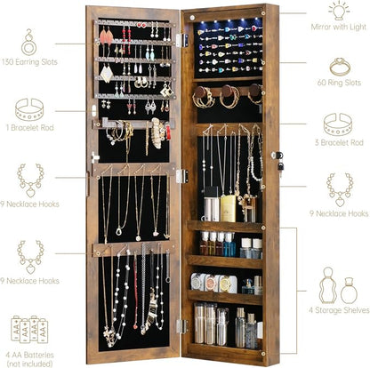 Full Length Mirror Jewelry Cabinet Organizer Lockable Door Wall-Mounted Jewelry Armoire with Shelves and Behind the Door Storage Rustic Brown