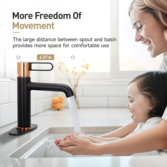 Single Hole Bathroom Faucet | 6.9" Black and Gold Luxury Single Handle Bathroom Faucet with Solid Brass Body, Spot-Free Finish & Anti-Splash Design | 1 or 3 Hole | Easy Installation