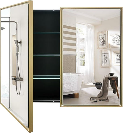Medicine Cabinet with Aluminum Framed Mirror,36"x32" Surface Mount or Recessed Mount Bathroom Vanity Mirror,Single Door Bathroom Mirror with Storage Cabinet