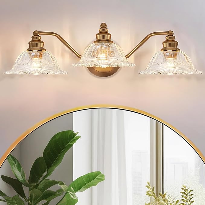 Redluck Vintage Bathroom Vanity Light Fixture, 3-Light Bathroom Lighting Fixtures Over Mirror, Antique Brass Finish with Crystal Glass Shade, Wall Sconces Lighting for Bedroom, Living Room, Hallway