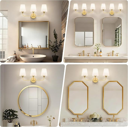 Bathroom Vanity Light, Brushed Gold Bathroom Light Fixtures, 3-Light Lighting Fixtures Over Mirror, Modern Wall Sconce with Flared White Fabric Shade, E26 Socket(ETL Listed)