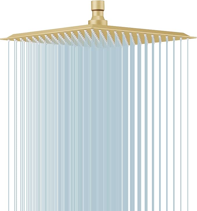 10 In Rain Shower Head High Pressure Rainfall Shower Head Brushed Gold | Square Rain Bathroom Showerhead, High Flow, Large Stainless Steel, Ceiling Mounted, Wall Mounted, Waterfall Full Body