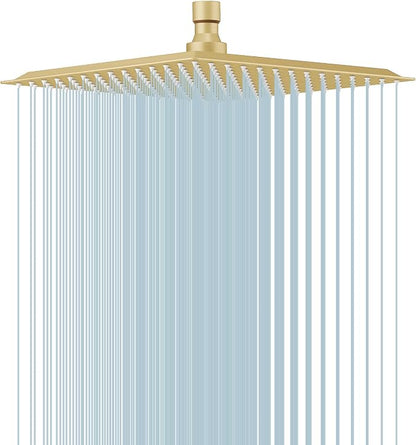 10 In Rain Shower Head High Pressure Rainfall Shower Head Brushed Gold | Square Rain Bathroom Showerhead, High Flow, Large Stainless Steel, Ceiling Mounted, Wall Mounted, Waterfall Full Body