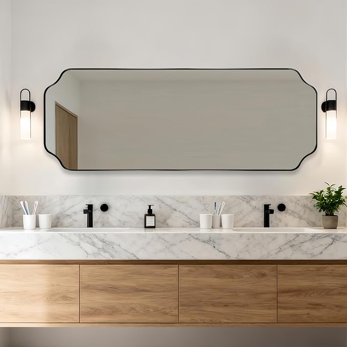 18" x 48" Full Length Mirror, Large Black Scalloped Bathroom Mirror, Full Body Wall Mirror with Scalloped Corner Decorative for Bedroom, Living Room (Horizontal or Vertical)