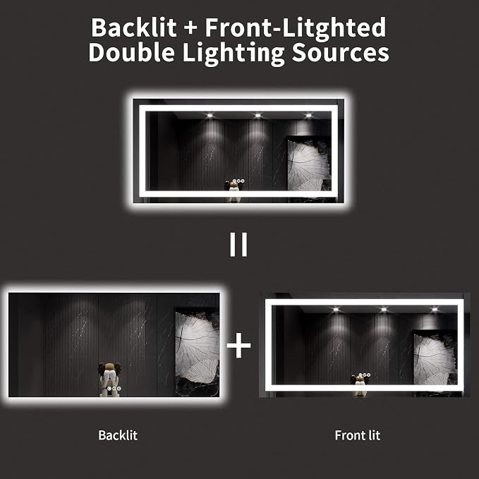 LOAAO 60X30 LED Bathroom Mirror with Lights, UL Listed | Anti-Fog, Dimmable, 3 Color Temperature, Backlit + Front Lit, Memory Function, Tempered Glass