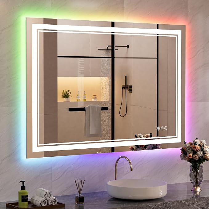 44x32 Inch RGB LED Bathroom Mirror with Lights | Front and RGB Backlit, Dimmable, Memory, Anti Fog, Shatterproof, Horizontal/Vertical, Lighted Mirrors for Bathroom Wall