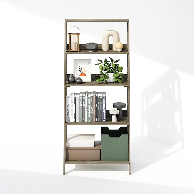 Furinno Ladder Display Shelf, 5-Tier Ladder Shelf, Ladder Bookshelf, Display Storage Shelves, 13 x 23.6 x 53.5, for Living Room, Home Office, French Oak