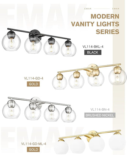 Emak Modern Gold Bathroom Light Fixtures Over Mirror, 4 Light Bathroom Vanity Light with Milk Glass Shade, 29 Inch Globe Vanity Lights for Bathroom, Mirror, VL114-GD-ML-4
